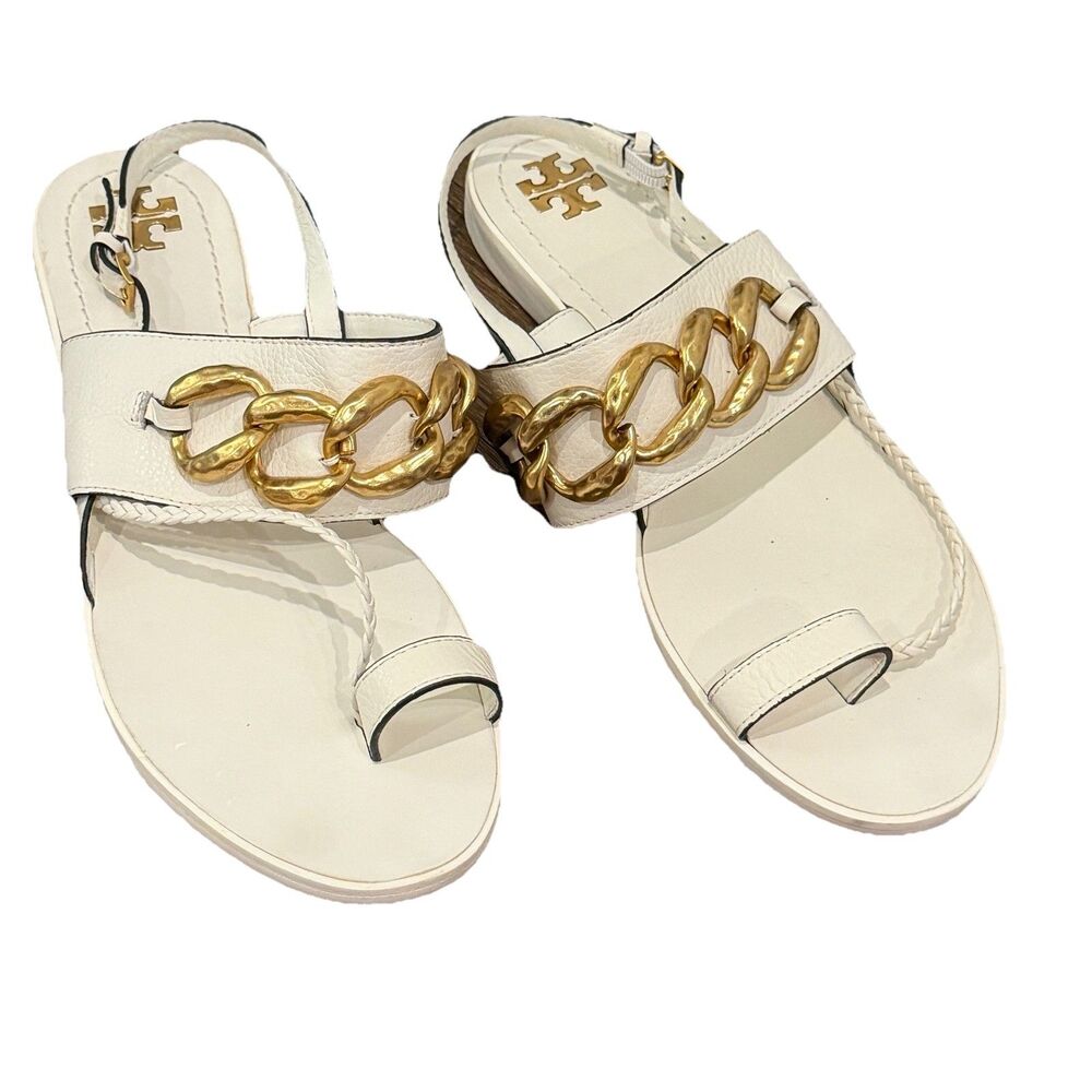 Tory Burch Adrien Sandals 7.5M Ivory White Leather Gold Chain Flat Toe Ring